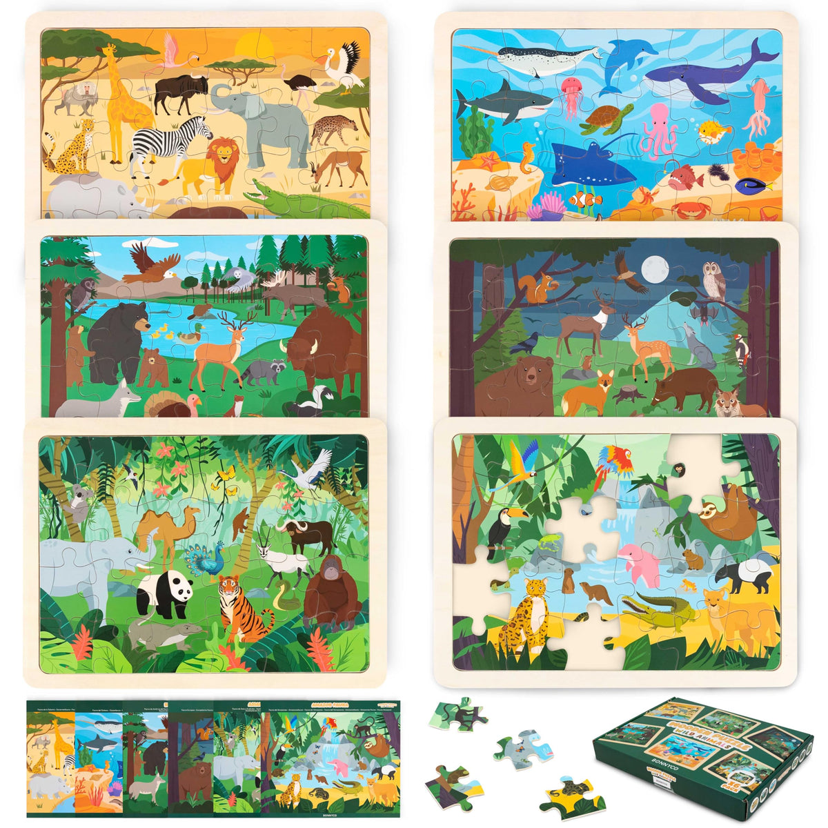 BONNYCO Wooden Puzzles for Kids Ages 4-6 and 3-5. Set of 6 Jigsaw Puzzles 24 Pieces with Board, Animals from Diverse Ecosystems. Educational Toys, Learning Gifts for Boys, Girls