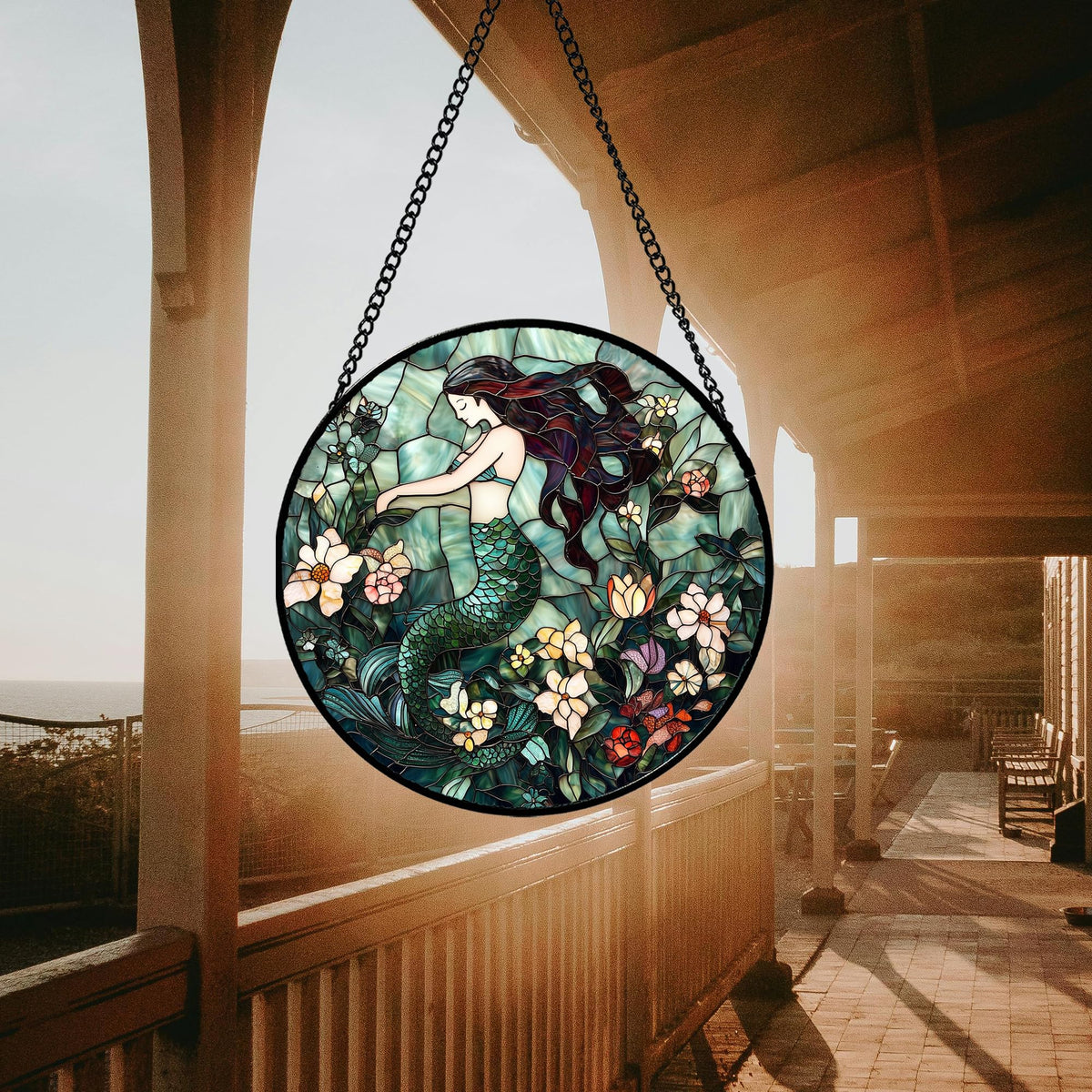 JOSUMALY Stained Glass Window Hanging - Teal Sleeping Mermaid Suncatcher for Door Terrace Garden Home Decor, Sea of Flowers Sun Catcher Birthday Gifts for Lovers Women Men Dad Mom Nana 7.8 in