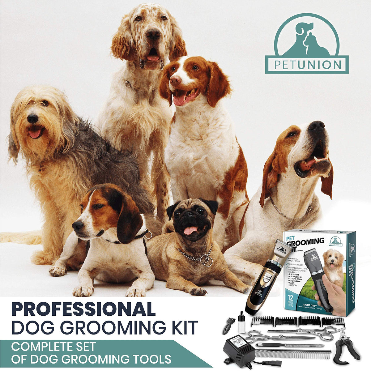 Pet Union Professional Dog Grooming Kit - Rechargeable, Cordless Pet Grooming Clippers & Complete Set of Dog Grooming Tools. Low Noise & Suitable for Dogs, Cats and Other Pets (Gold)