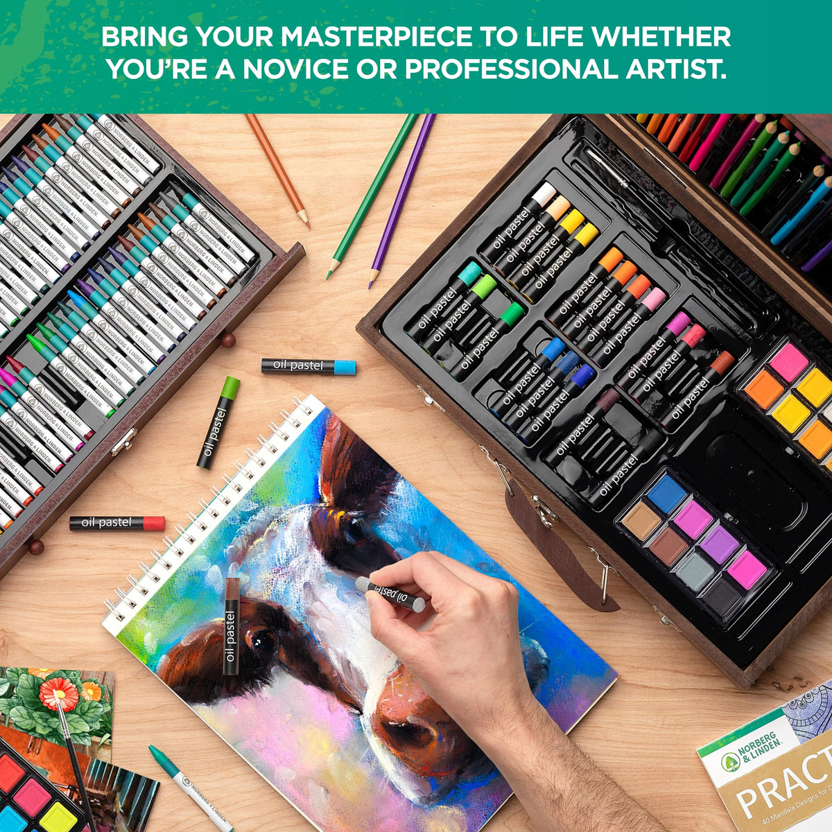 Norberg & Linden 144-Piece Art Set in Wooden Box with Drawer - Art Set for Adults, Teens, Kids - Premium Art Supplies - Includes Watercolors, Oil Pastels, Crayons, & More