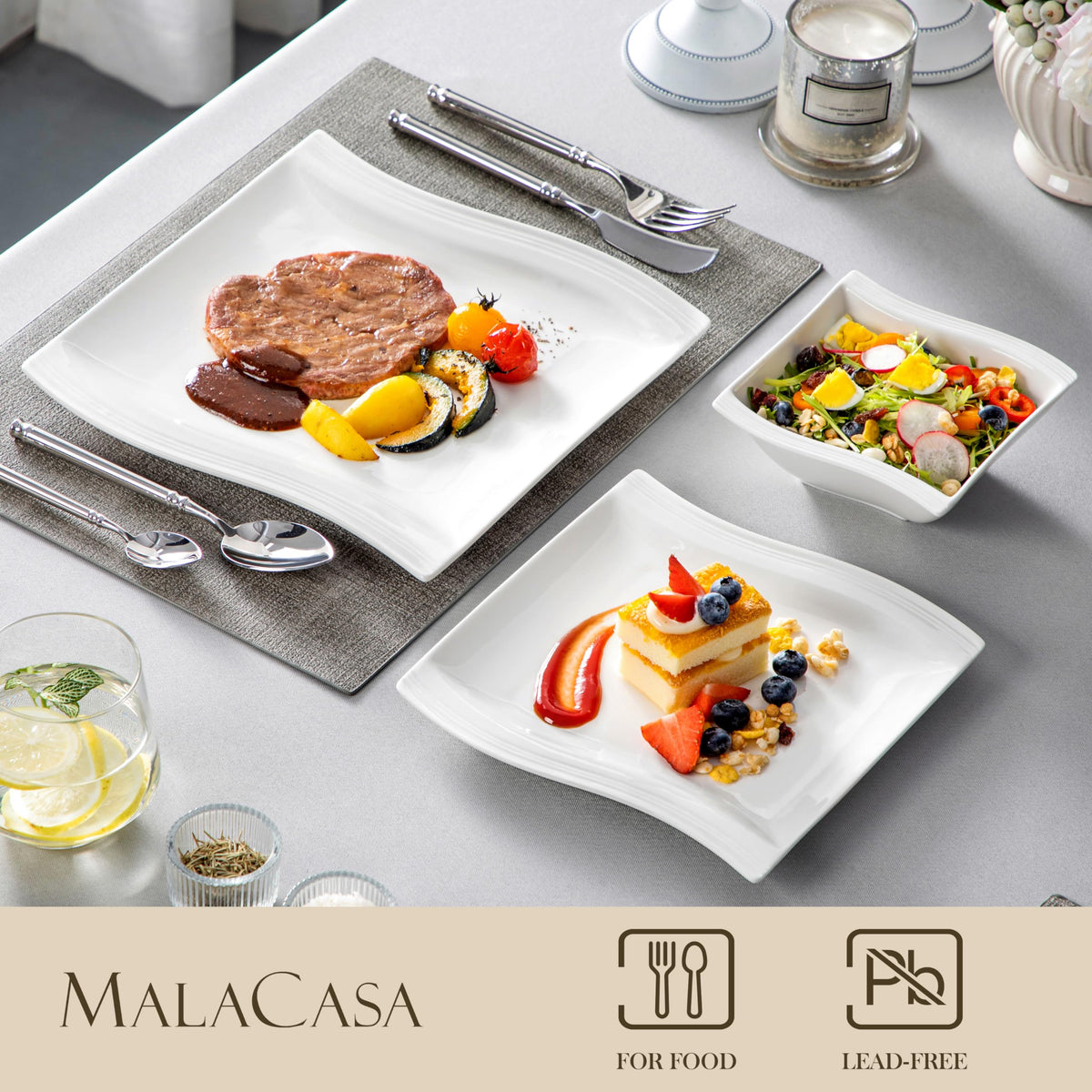 MALACASA Ivory White Dinnerware Set, 12 Pieces - Porcelain Dinner Plates, Dessert Plates and Bowls, Square Flora Pattern