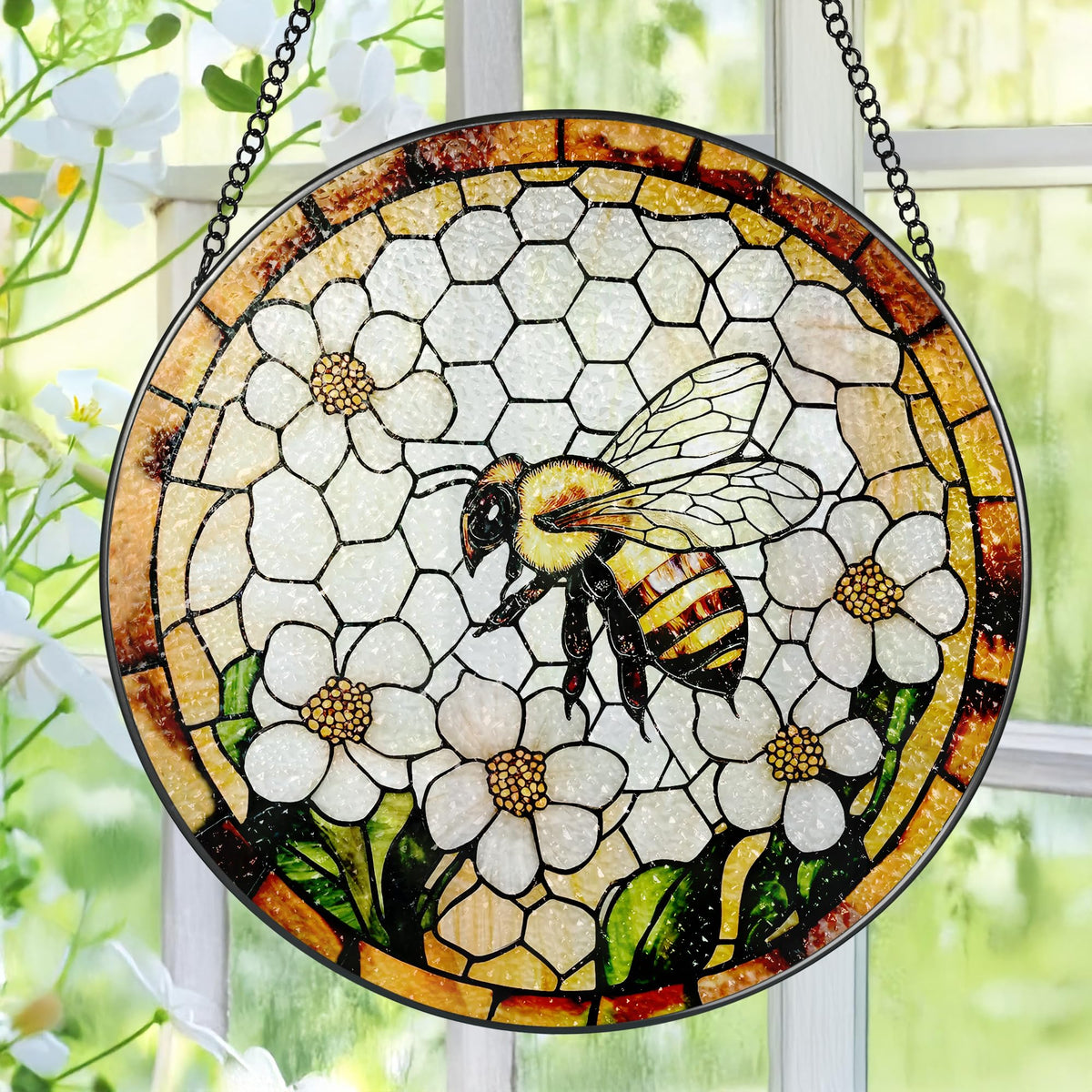 Bee Wildflowers Stained Glass Suncatcher, Stained Glass Window Hanging, 8 Inch Honey Bee Suncatcher, Honeybee Gifts for Garden Lovers, Gifts for Mother's Day, Teacher Gift, Grandma Gift