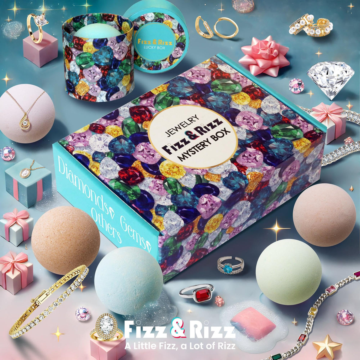 Fizz & Rizz Jewelry Mystery Bath Bomb:Surprise Rings,Necklaces, Earrings,Bracelets and Chance to Reveal High-Value Jewelry 1 Piece Bath Bomb Perfect Gifts for Various Occasions