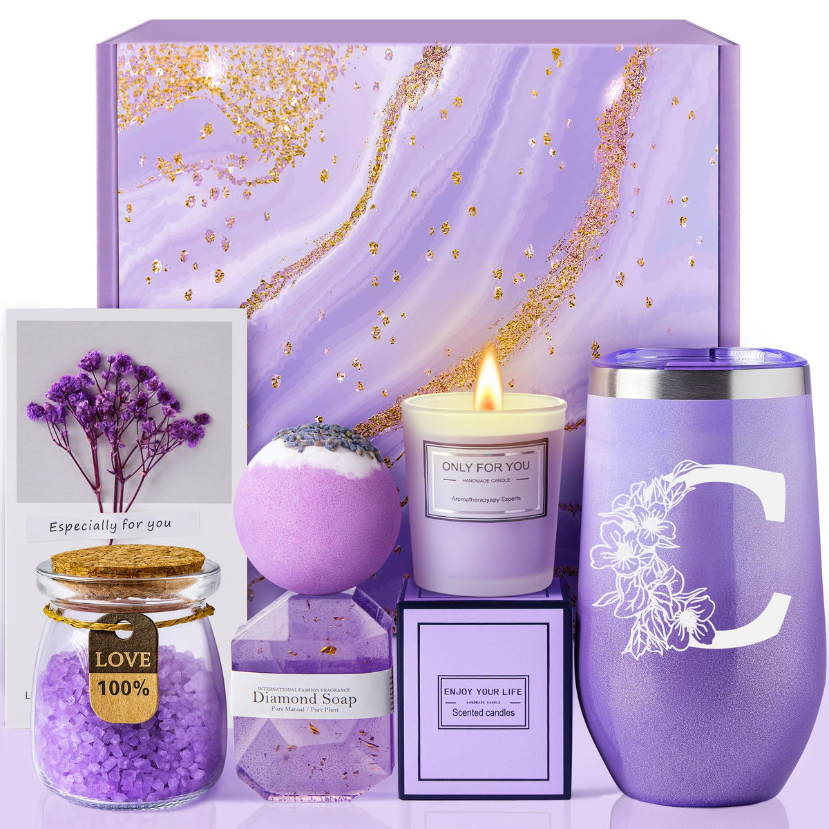 Gifts for Women, Mom, Wife, Girlfriend, Sister, Friends Her - Unique Birthday, Christmas, Valentine's Day, Mothers Day Gifts, Wedding Gift - Initial Lavender Spa Gift Basket Box (C)