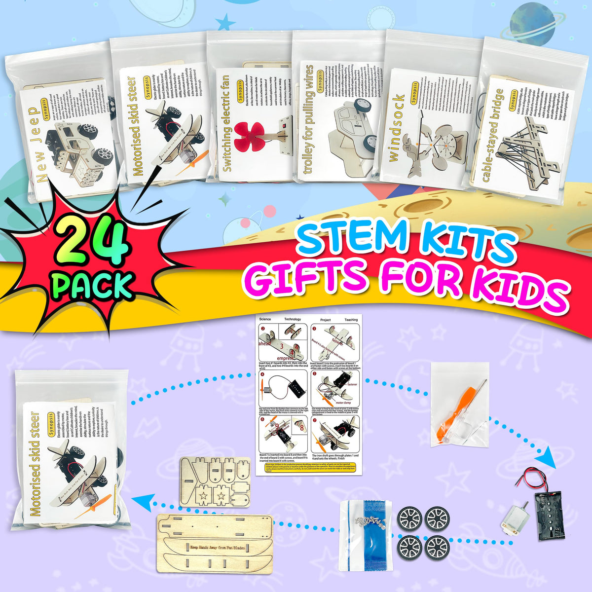 LINAYE 24 Packs STEM Kits for Kids, 6 in 1 Treasure Box Toy Stem Projects Crafts for Kids Age 8-12 Valentines Gifts for Classroom Science Birthday Party Favors Gifts for Boys Girls Ages 8 9 10 11 12