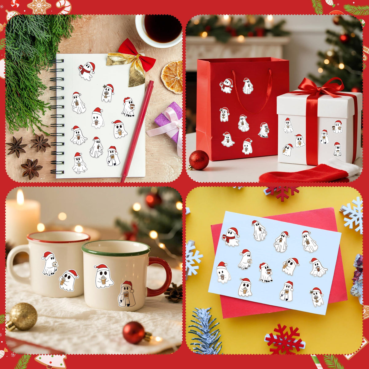 DSjuedui Christmas Ghost Coffee Roll Stickers - 1000Pcs Xmas Cartoon Boo Waterproof Stickers for Kids, Santa Hats Vinyl Decals for Laptops Guitar Bottles Party Decoration Birthday Gift Teacher Rewards