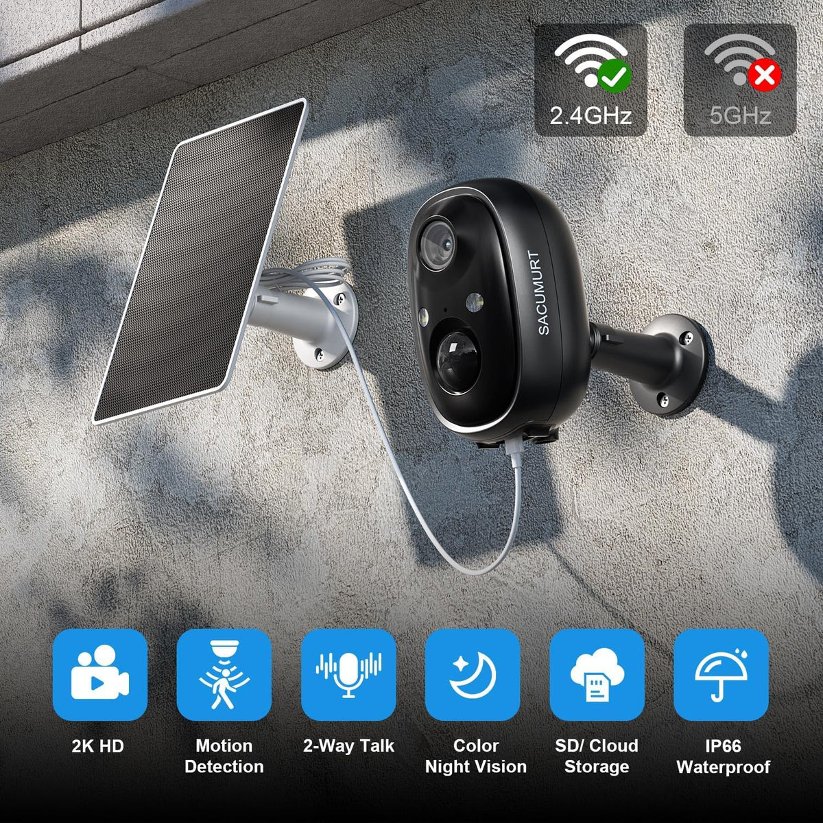 SACUMURT 2.4GHz 2K Security Cameras Wireless Outdoor, WiFi Camera Outdoor Wireless, Cameras for Home Security