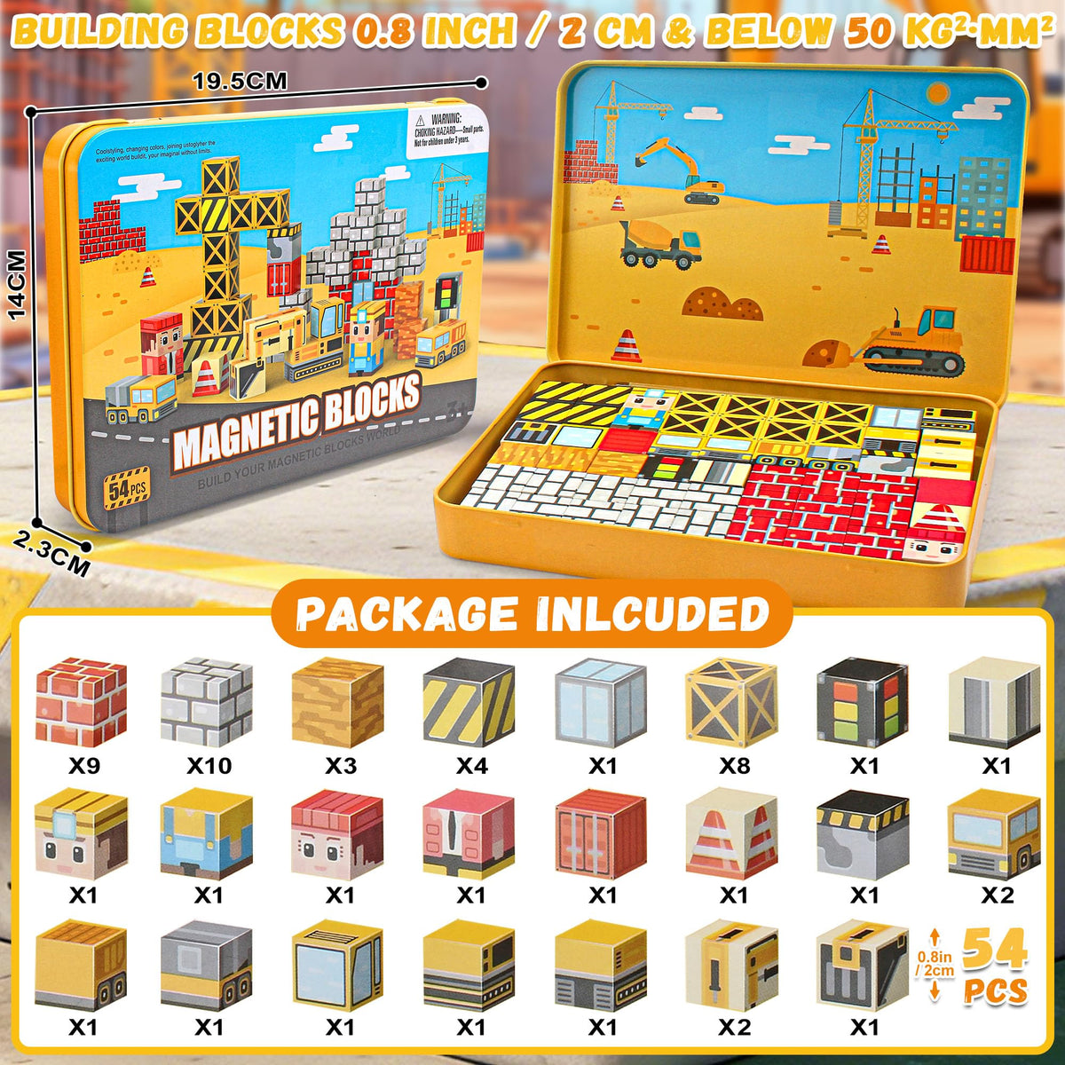 CREAFOMIFE 54 Pcs Mini Magnetic Blocks Travel Toys with Portable Iron Storage Box for Kids 3+, Construction Themed Toddler Magnetic Cubes for Airplane & Car Ride