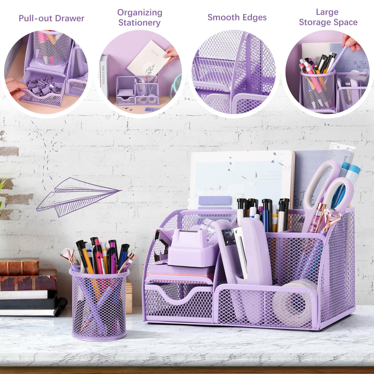 15 Pcs Purple Office Supplies Set Mesh Desk Organizer Accessories Kit Include Stapler Tape Dispenser Staple Remover Clips Ruler Scissors Sticky Notes for Office School Home Women (Purple)