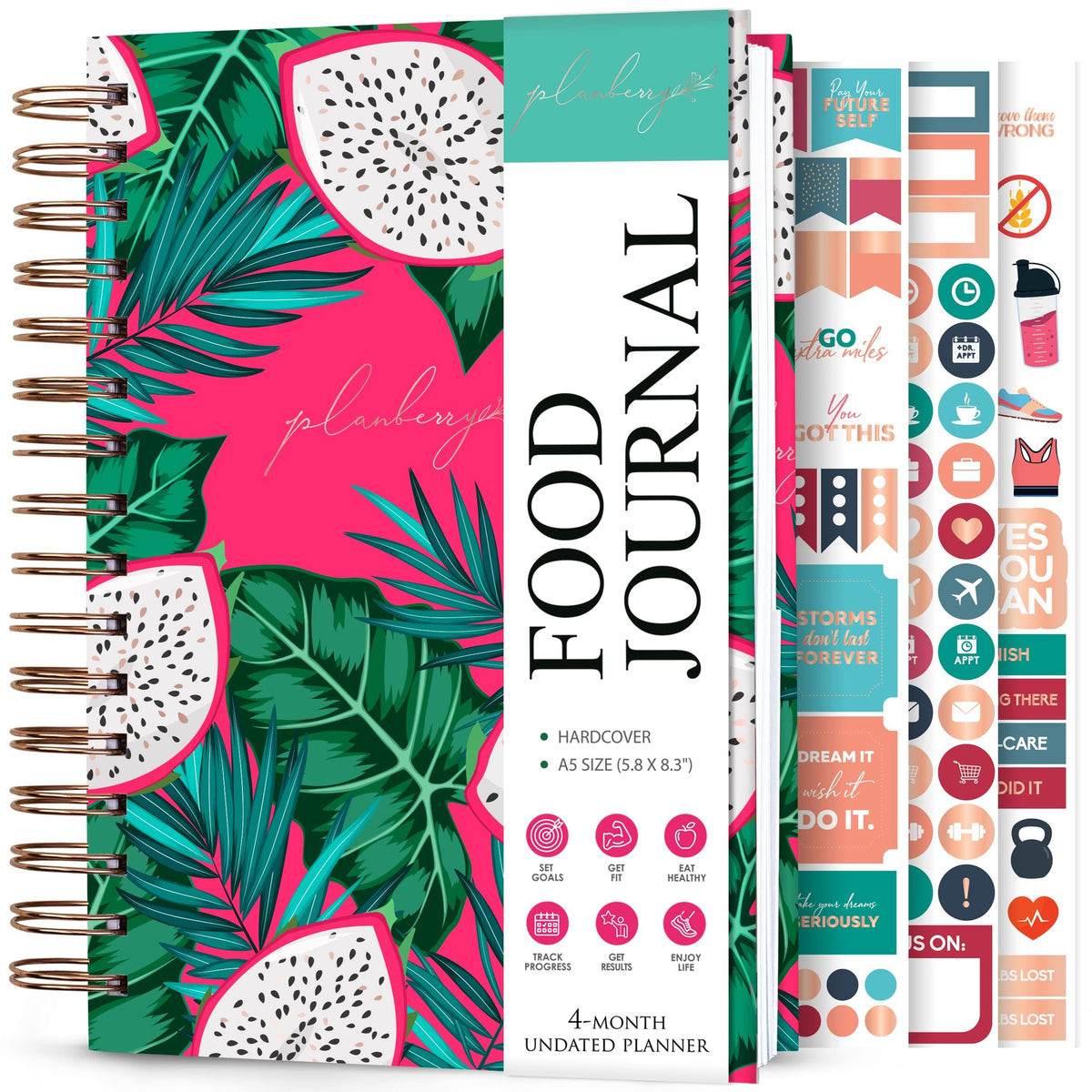 PLANBERRY Food Journal Premium – Nutrition Planner – Diet & Calorie Tracker – Meal & Exercise Diary – Weight Loss Journal (Dragon Fruit)