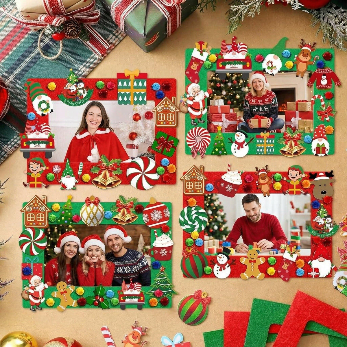 Remagr 496 Pcs Christmas DIY Picture Frames Craft Kit 32 Set Felt Photo Frames with 200 Christmas Sticker to Decorate with 100 Foam Leaves, 100 Ball, 64 Magnet for Xmas Winter Party Favor Home Decor