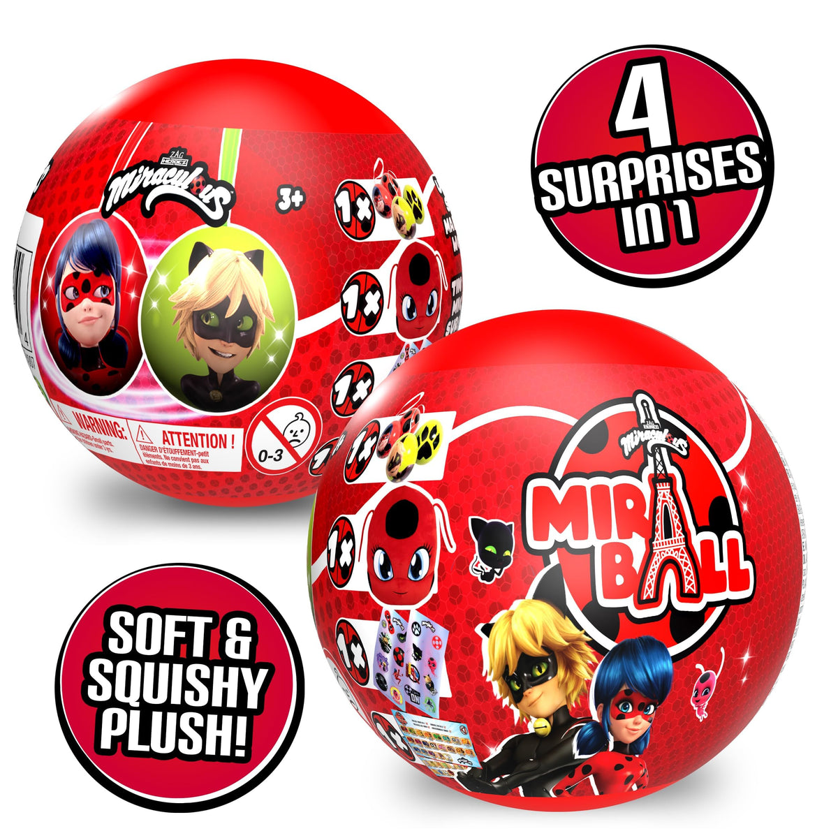Miraculous Ladybug MiraBall, 3-in-1 Surprise, 4 Pack, Blind Box Toys for Kids - Collectable Characters from TV Shows - Metal Ball, Kwami Plush, Stickers, White Ribbon - Collect Them All