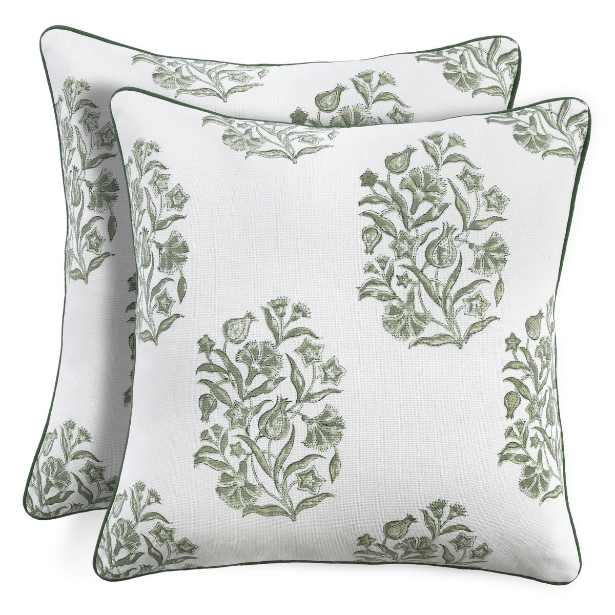 CPC Sage Green Block Print Throw Cushion Cover 20 x 20 Inch Set 2 - Decorative Boho Floral Pillow Case for Living Room, Bed, Sofa, Couch, Home Decor Cushion Cover Gift for Spring, Mother's Day