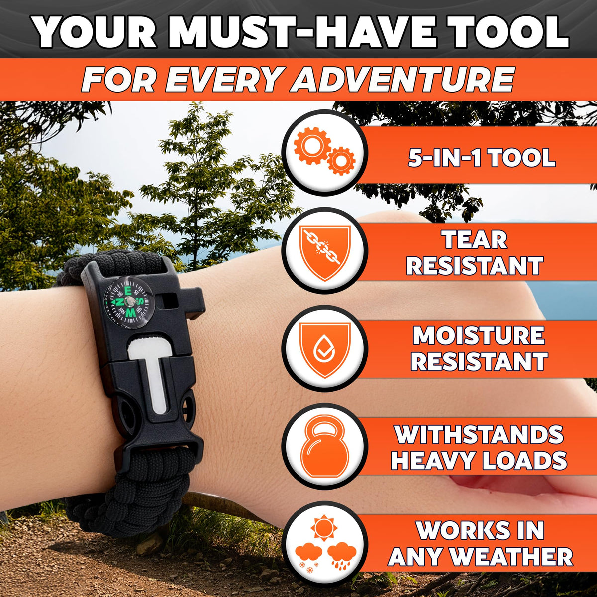 Paracord Bracelets for Men and Women – Adjustable Survival Paracord Bracelet with 11.8 ft Nylon Cord, Flint Fire Starter, Compass, Whistle & Scraper – Camping, Hiking, Fishing Gear (Black & Khaki)