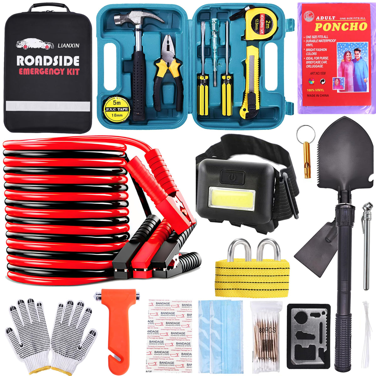 LIANXIN Emergency Roadside Kit for Car - Roadside Safety Tool Kit,with Jumper Cables Car Kit Headlamp Folding Shovel Safety Hammers Tow Rope, Emergency Roadside Car Kit