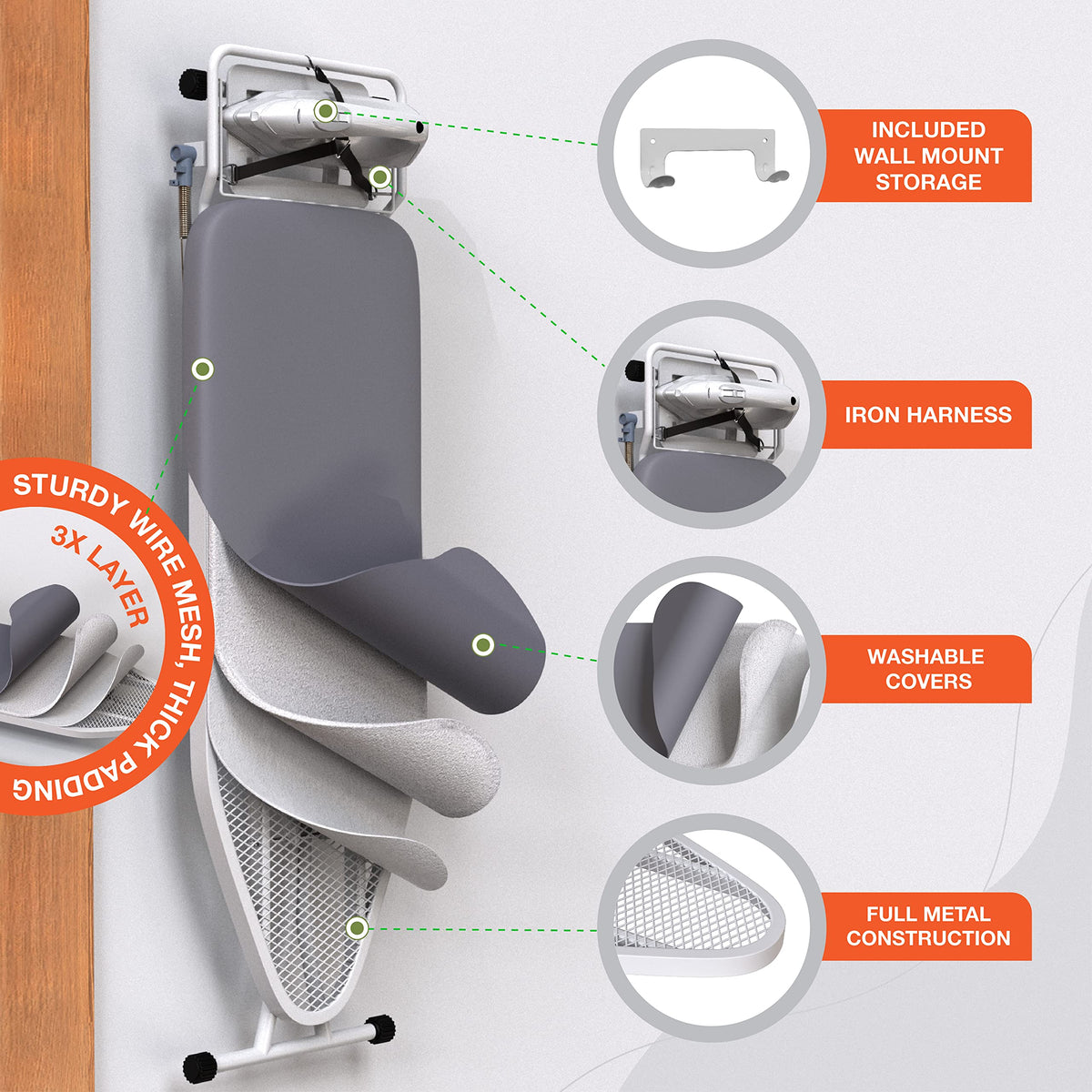 Xabitat Full Size Ironing Board 57" X 15" with Wall Mount Hanger, Full Metal Construction Iron Board, Built in Iron Caddy, Heat & Scorch Resistant Fabric, Cord Holder, Anti-Skid Feet, Heavy Duty