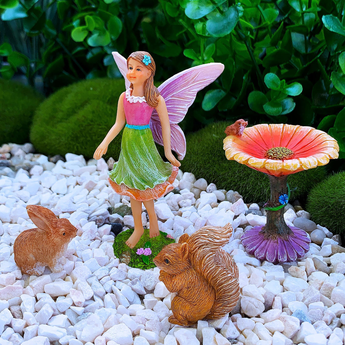 Mood Lab Fairy Garden Figurines with Flower - Miniature Decor Set (4 pcs) - Statues & Accessories - Outdoor Indoor Garden Decor