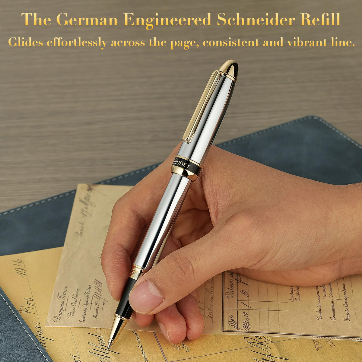 BEILUNER 315 Luxury Rollerball Pen, Stunning Silver Chrome with 24K Gold Finish, Luxury Grade Craftsmanship, Best Pen Gift Set for Men and Women, Graduation, Executive, Office, Fancy, Nice Pens