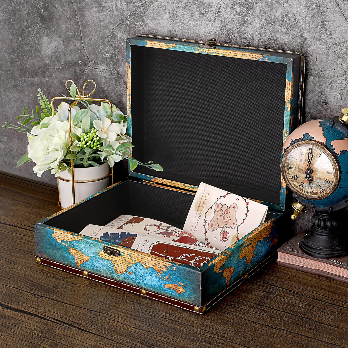 ELLDOO Decorative Treasure Chest Box, Wooden + PU Leather Storage Box for Jewelry Trinkets Photos, Rectangular Keepsakes box for Girls Women Gifts, Green Map Pattern