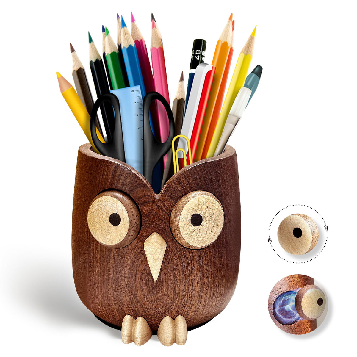 WODTILIFE Cute Owl Pen Holder for desk, funny wooden pencil holder with Magnetic Rotating Eyes emoji, Ebony solid wood hollow design, for Office accessories School Home and Holiday Gifts.(Brown)