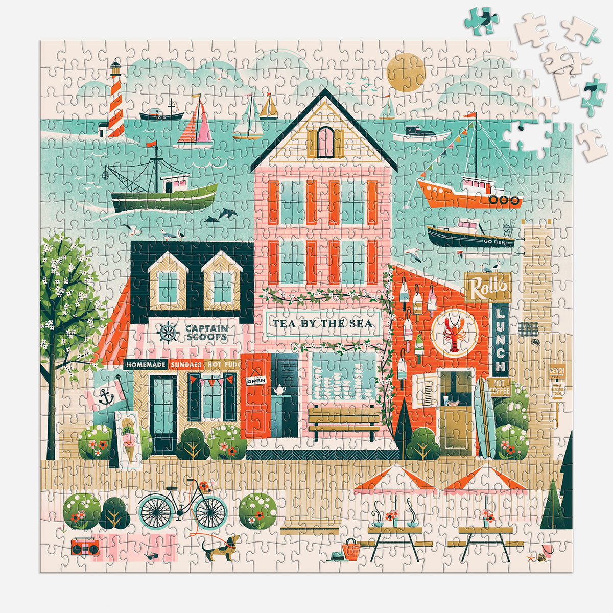 Galison Beside The Sea – 500 Piece Puzzle Fun and Challenging Activity with Bright and Bold Artwork of Charming Village and Sea Scenery for Adults and Families