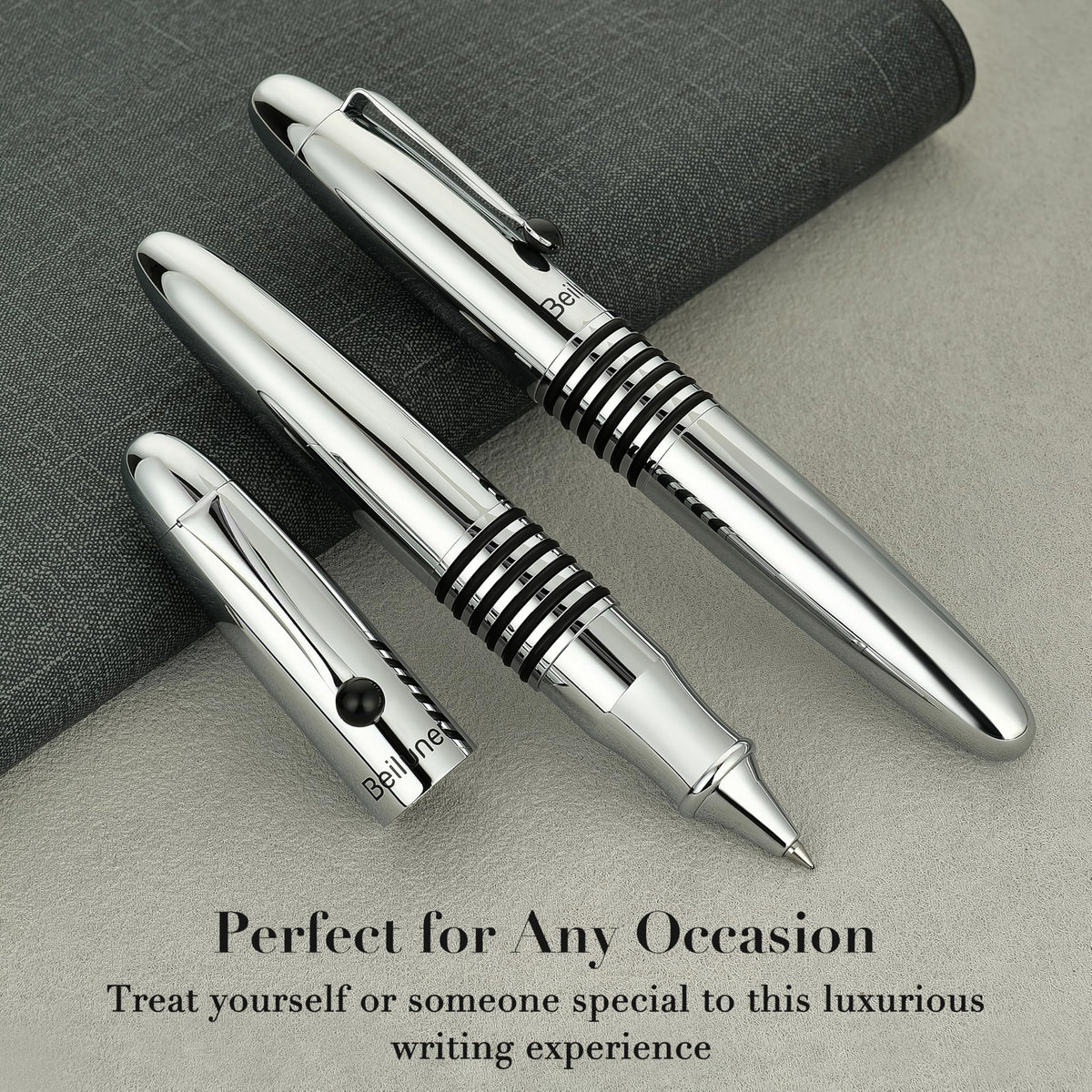 BEILUNER 320 Silver Chrome Rollerball - Stunning Luxury Pen with Chrome Finish, EDC, Heavy, Schmidt Black Ink Refill, Best Gift Set for Men & Women, Professional, Executive Office, Nice Classic Pens
