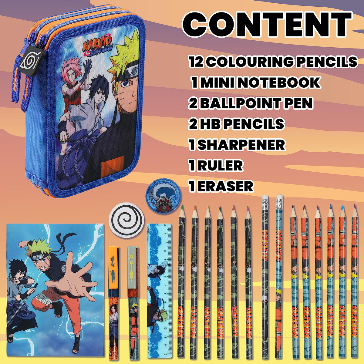 Naruto Pencil Case with Stationery Included School Supplies Filled Large Pencil Case 2 Compartments Colouring Pencils Mini Notebook Boys Stationery Set Anime Gifts for Boys