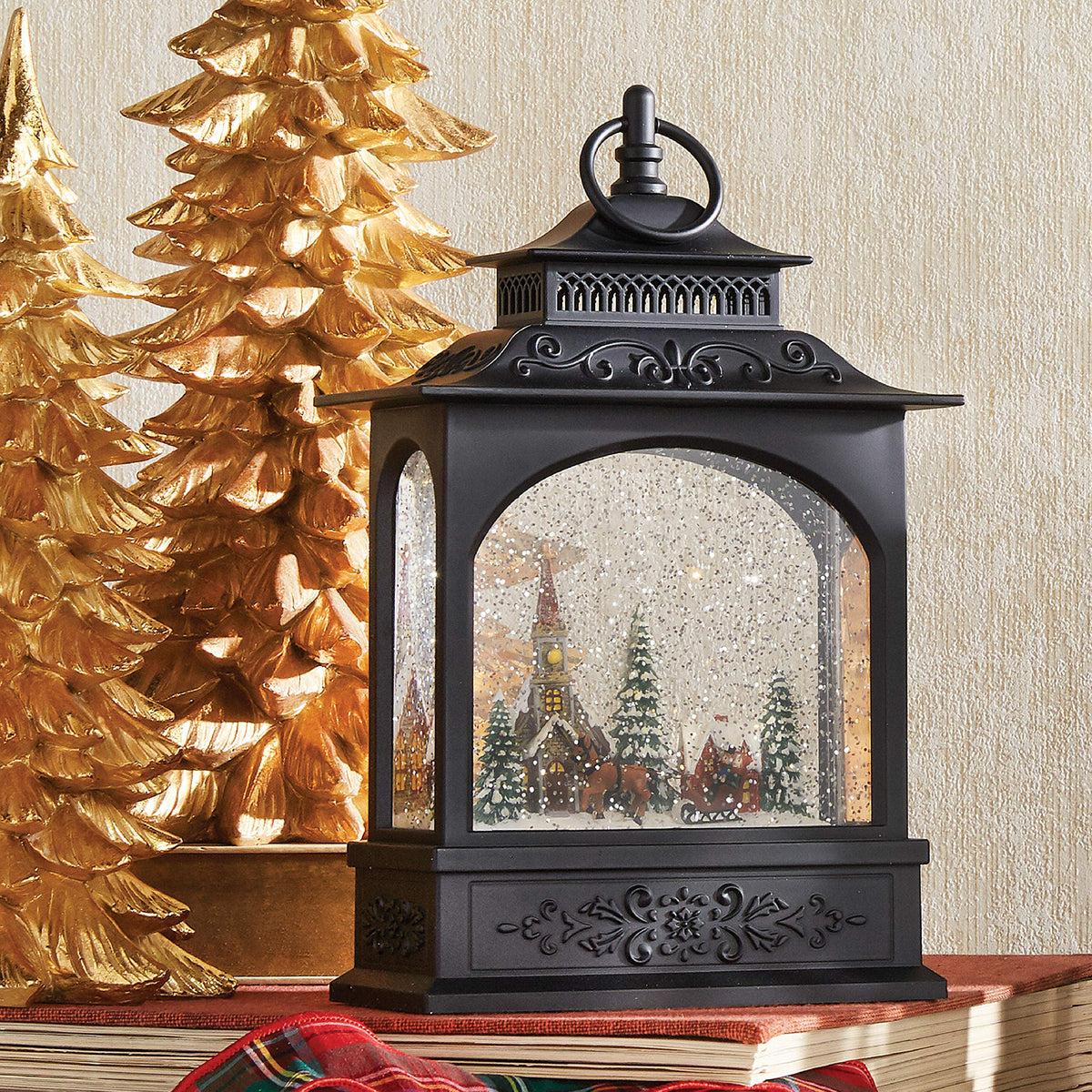 Raz Imports Town Scene Black Musical Lighted Water Lantern Figurine 11 Inch