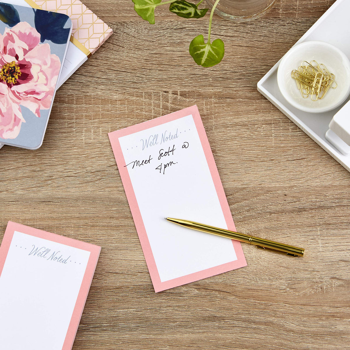 Hallmark Notepad Bundle with Pen, Pretty Pinks (3 Notepads in Assorted Sizes with Gold Pen)